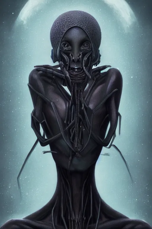 Image similar to portrait of an elegant alien spider queen, long legs, many legs, spindly legs, full body character concept art, by artgerm, tom bagshaw, gerald brom, vaporwave colors, lo - fi colors, vaporwave, lo - fi, moody vibe, goth vibe, 4 k, hd,