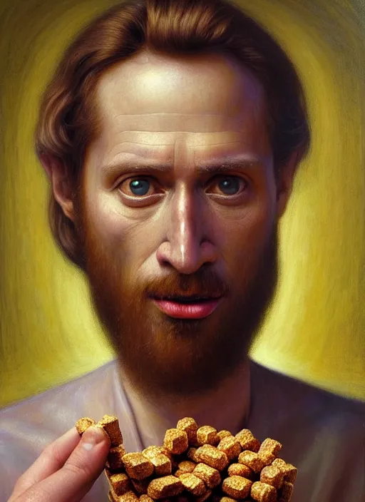 Prompt: hyper detailed 3d render like an Oil painting - Portrait of Jesus Christ eating a Snickers bar by Jacek Yerka, Mariusz Lewandowski, Houdini algorithmic generative render, Abstract brush strokes, Masterpiece, Edward Hopper and James Gilleard, Zdzislaw Beksinski, Mark Ryden, Wolfgang Lettl, hints of Yayoi Kasuma, octane render, 8k