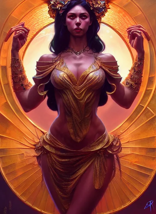 Image similar to strong and powerful goddess dancer of the underworld, shiny, intricate, elegant, highly detailed, ultra definition, digital painting, artstation, vray, concept art, smooth, high speed photography, illustration, art by artgerm and greg rutkowski and alphonse mucha and james jean