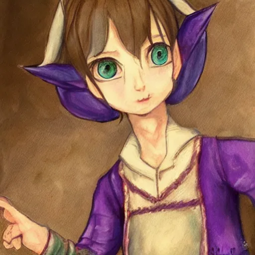 Prompt: little elf tomboy, purple tunic, soft hair. light color palate, detailed soft painting, made in abyss art style, anatomically correct, inspired in balthus