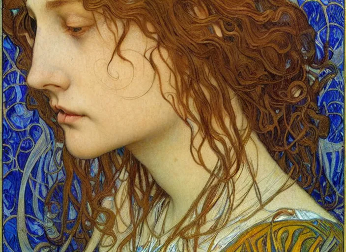Image similar to detailed realistic beautiful young medieval queen face portrait by jean delville, alphonse mucha, vincent van gogh, and marco mazzoni, art nouveau, symbolist, visionary, gothic, pre - raphaelite