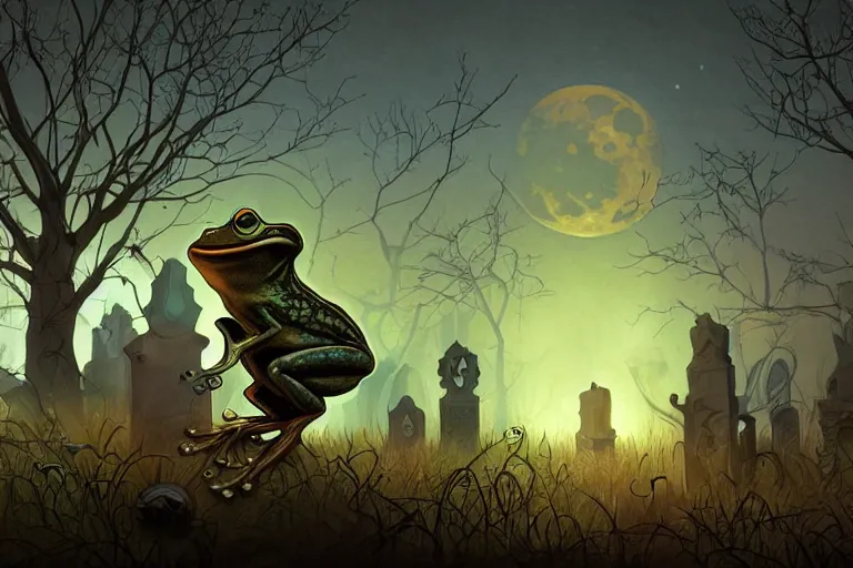 Prompt: an ultra detailed animation of a cartoon frog in a graveyard at midnight on halloween, digital art, dark fantasy, concept art, soulslike, by alphonse mucha, blood moon eclipse, ruined building in the background, artstation, 8 k, unreal engine render