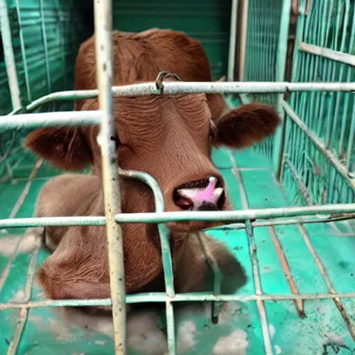 Image similar to chained calf inside a cage looking a bottle of milk