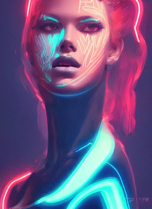 Image similar to portrait of female humanoid, intricate, retro 6 0 s cyberpunk high fashion, elegant, cyber neon lights, highly detailed, digital photography, trending in artstation, trending in pinterest, glamorous pose, concept art, smooth, sharp focus, art by artgerm and greg rutkowski