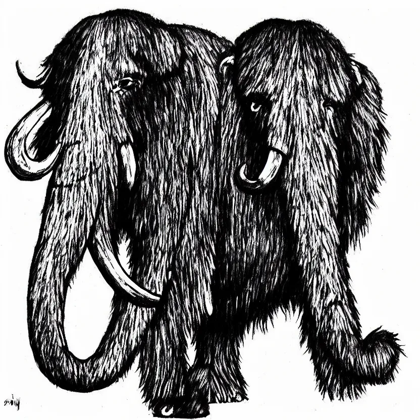 Image similar to stylized wooly mammoth sports logo sketch, pen drawing, black and white