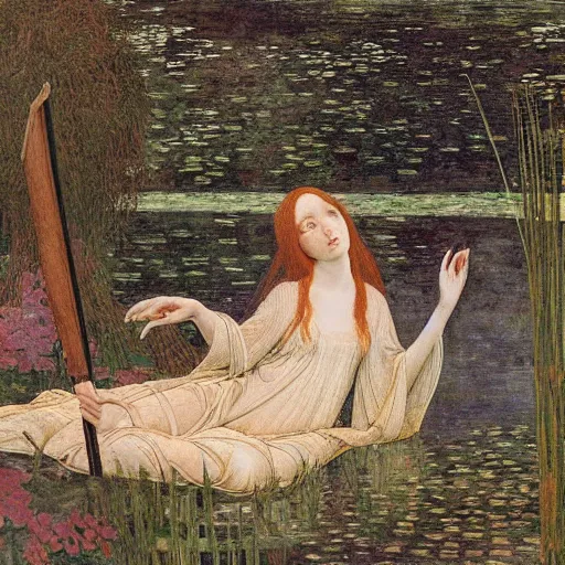 Prompt: ophelia, laying flat submerged in water floating down the river amongst the reeds, fully covered in robes and lake foliage weeds reeds fully clothed in flowing medieval robes, by botticelli devinci rosetti and monet, 8 k