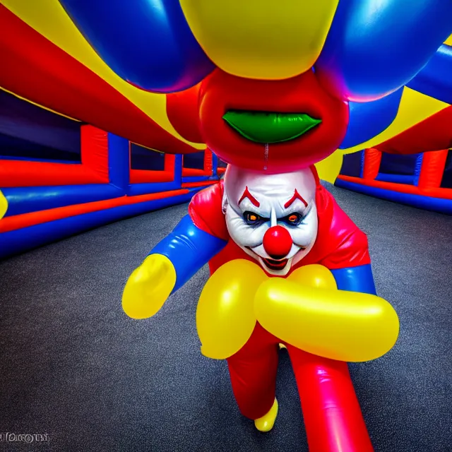 Prompt: , chased by a scary clown in an endless corridor made of bouncy castle, highly detailed, 8 k, hdr, smooth, sharp focus, high resolution, award - winning photo