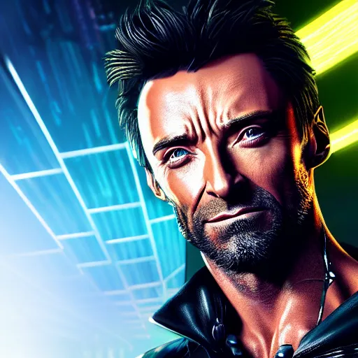 Image similar to hugh jackman portrait, cyberpunk 2 0 7 7, photorealistic, ultra detailed, neon, octane rendered, bokeh, cinematic lighting, cyber, cyberpunk city, studio quality, feature, scars, cyberface, 8 k