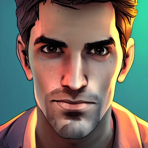 Image similar to a blond young clean shaven spanish man portrait, borderlands, tales from the borderlands, the wolf among us, comic, cinematic lighting, studio quality, 8 k