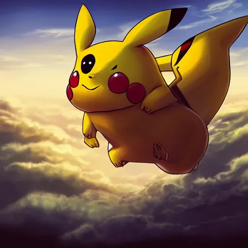 Prompt: a stunning wide angle view a pikachu jumping from a cliff into space, highly detailed clouds, artistic composition, sharp focus, intricate concept art, digital painting, colorful flat surreal design, hd, 8 k, artstation, ambient lighting