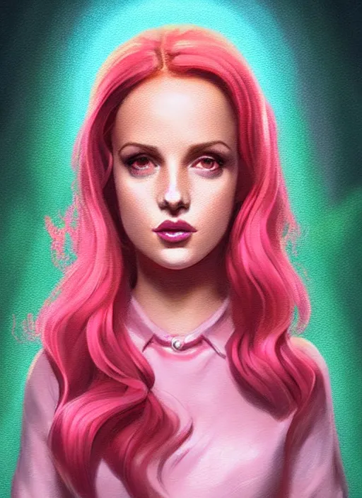 Image similar to full body portrait of teenage cheryl blossom, bangs, green eyes, sultry expression, red hair, sultry smirk, bangs and wavy hair, pink skirt, intricate, elegant, glowing lights, highly detailed, digital painting, artstation, concept art, smooth, sharp focus, illustration, art by wlop, mars ravelo and greg rutkowski