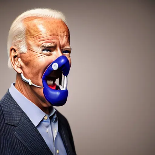 Image similar to uhd candid photo of cosmic joe biden wearing a rubber muzzle, with accurate face, real rubber muzzle, uhd, studio lighting, correct face, photo by annie leibovitz