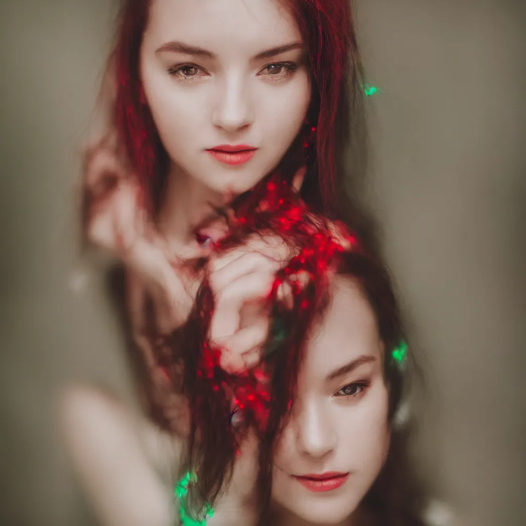 Prompt: photograph of a portrait of beautiful woman ,with red and green led, 85 mm f1.4