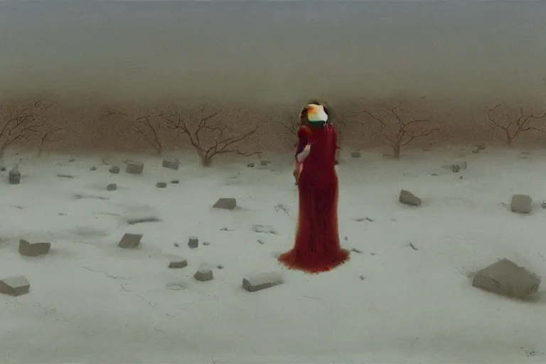 Image similar to a surrealist painting of a lonely woman with pale skin and red hair, standing over pile of bodies in post apocalyptic snowy landscape, golden ratio, painted by zdzisław beksinski