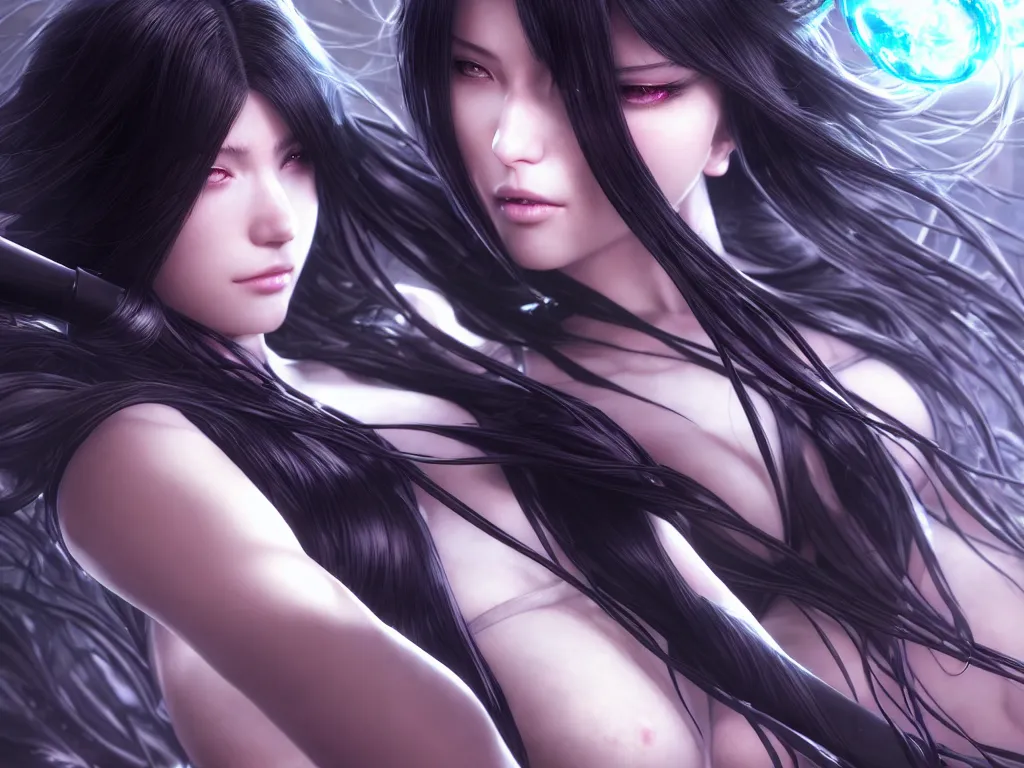 Prompt: extremely beautiful aesthetic girl with ego weapons, black long hair, occlusion shadow, specular reflection, rim light, unreal engine, octane render, artgerm, artstation, art by hiroaki samura and jiro matsumoto and yusuke murata, high quality, highly detailed 8 k, fantasy illustration, beautiful shape of body, epic scene