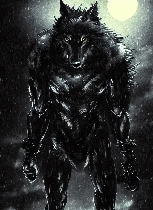 Image similar to Giant wolf with glowing eyes near small village, raining, full moon. In style of Yoji Shinkawa and Hyung-tae Kim, trending on ArtStation, dark fantasy, great composition, concept art, highly detailed, dynamic pose.