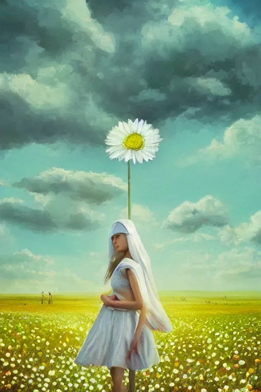 Image similar to giant white daisy flower head, girl with veil walking in a flower field, surreal photography, sunrise, dramatic light, impressionist painting, colorful clouds, digital painting, artstation, simon stalenhag