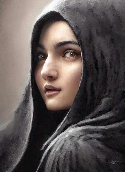 Image similar to a teenage girl with very short black hair and a huge cloak made of grey and black feathers. beautiful highly detailed face. smiling, beautiful painting by artgerm and greg rutkowski and raymond swanland, detailed portrait, closeup