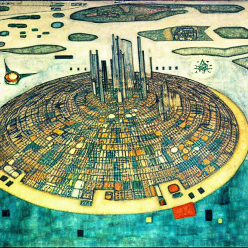 Prompt: a detailed map of a futuristic city located in a round island with a lot of vegetation surrounded by water with a few flying ships stationed around it, by egon schiele, the mexican muralist. full color, axonometric exploded view, high res