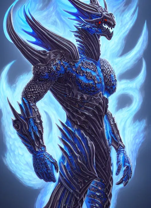 Image similar to muscular and tall blue ghostly fire humanoid dragon!!!! draconian!! intricate ornate iridescent heavy armor!! character concept art, sharp focus, octane render! unreal engine 5! highly rendered!! trending on artstation!! detailed linework!! illustration by artgerm, wlop, and chie yoshii