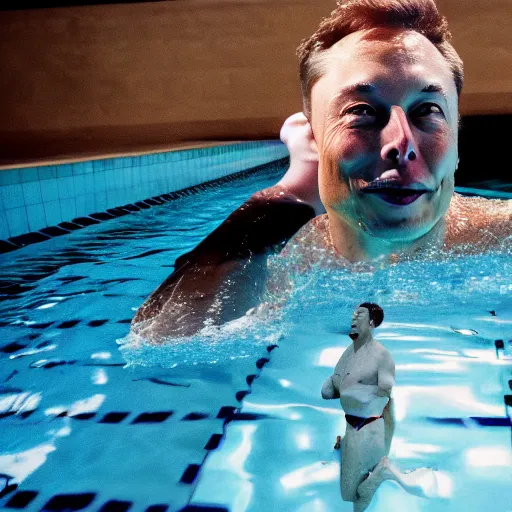 Prompt: Photography of elon musk swimming in a pool full of money