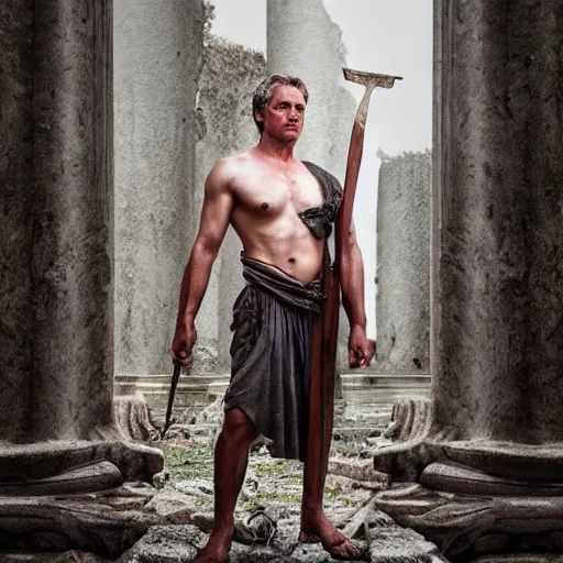 Prompt: portrait of Achilles holding a spear, standing in ruins, fallen columns, highly detailed face, photo realistic, facial features, tom chambers photography
