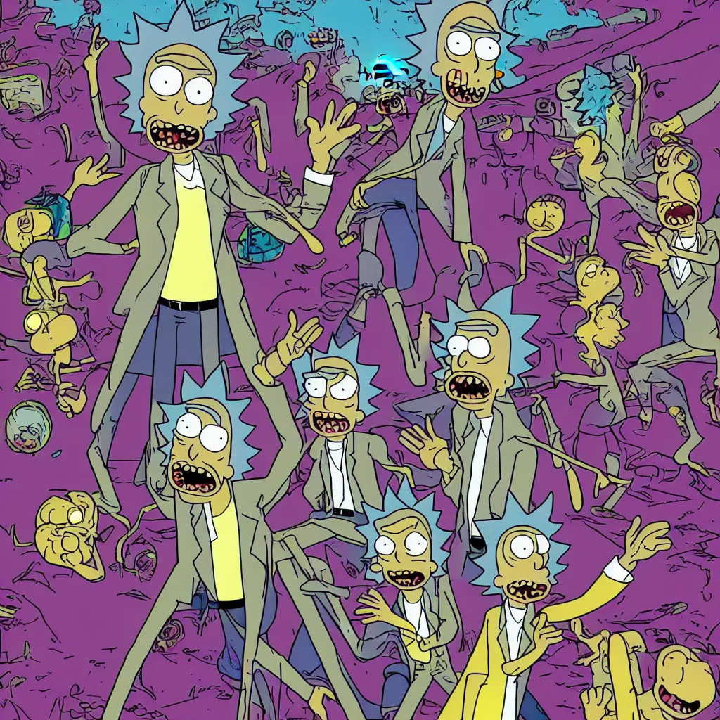 Prompt: rick and morty dancing at a rave party with bart and homer simpson, ultrarealistic, weird comic art, 16K 3D, crying engine