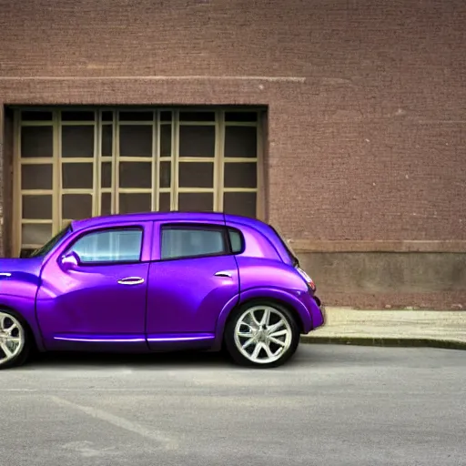 Prompt: A photograph of a purple PT Cruiser