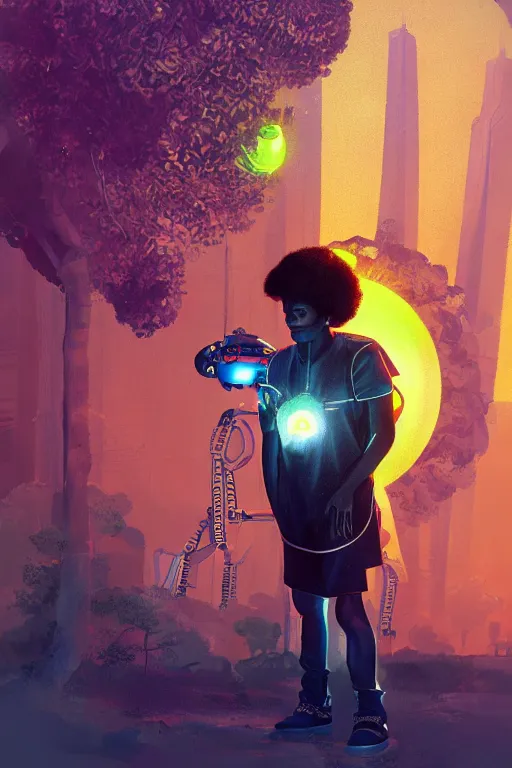 Image similar to a black boy fixing a futuristic robot in the nature, mixing solarpunk, afropunk ( ( ( ( volumetric light ) ) ) ), high angle, part by pearl fryar, part by prince damah, sunny day, trending on artstation, cinematic view, illustration, painting