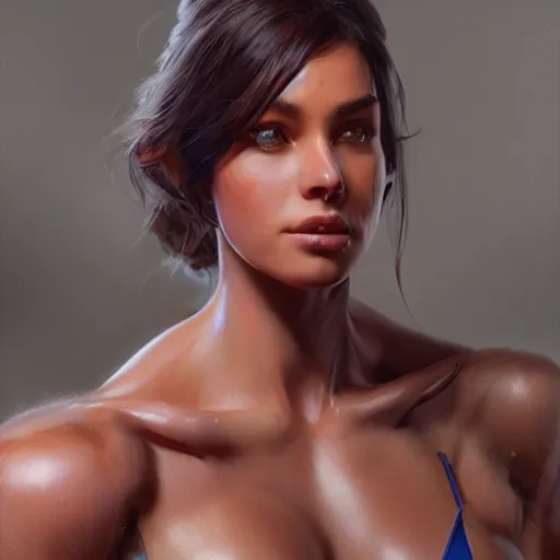 Image similar to a very beautiful woman with muscles, digital art, photorealistic, unreal engine, 8 k resolution, artstation, beautiful face, pretty face, very detailed eyes, by wlop, greg rutkowski, simon bosley