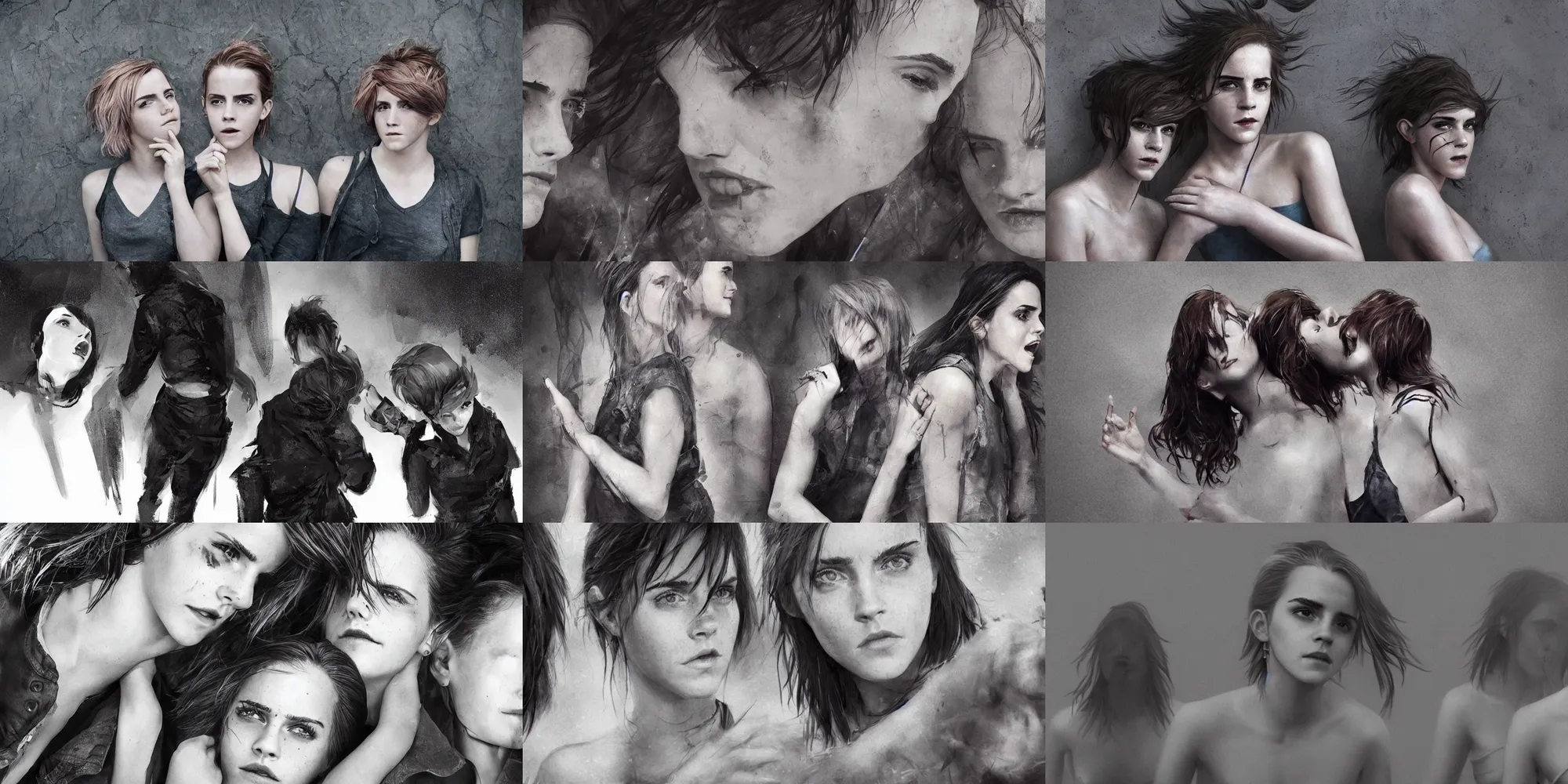 Prompt: portrait emma watson short spiky hair identical twins screaming greg rutkowski!!! greg rutkowski!!! lois van baarle!!! loish ross tran james gurney james gurney canon eos david bailey!!! david bailey!!!! corinne day cinematic filmic photorealistic hyperdetailed cinematic lighting canon fujifilm sony alpha nikon