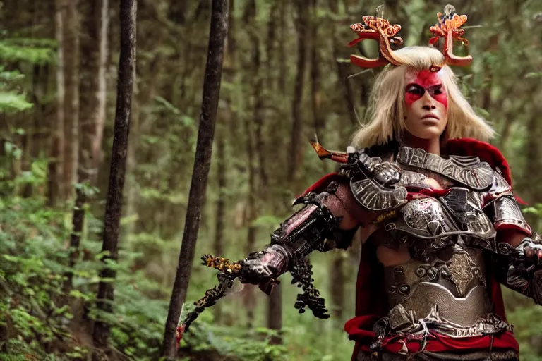 Image similar to vfx movie scene closeup nomad cyborg warrior viking geisha in a smoldering forest. by emmanuel lubezki