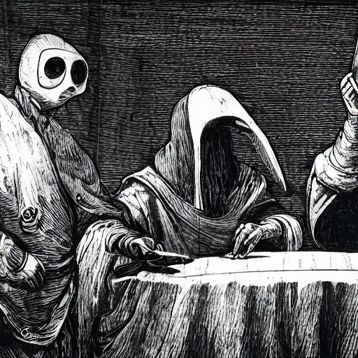 Image similar to leonardo davinci and a plague doctor hosting a podcast, intricate, highly detailed, comic book and renaissance art style, 4 k, concept art, table with microphones