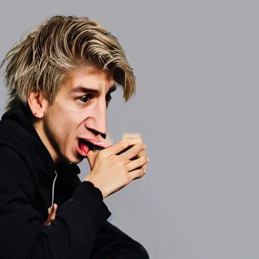 Prompt: xqc chewing on his own toes, high res photograph,