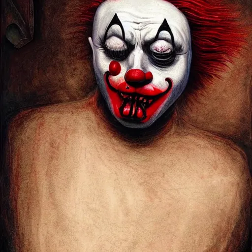 Image similar to nightmare clown drowning in his sorrows and depression, surrealist horror painting with soft, gothic red black and brown colors. soft paint strokes evoking profound sadness, killer clown spiraling into hopelessness. renaissance oil painting, incredibly detailed.