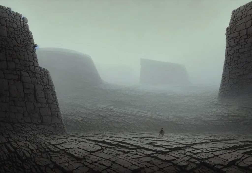 Prompt: The landscape of a gray wasteland with dry land, enclosed in incredibly gigantic enormous smoothed stone walls. The walls are so far apart that they disappear over the horizon. Art by Finnian MacManus, Simon Stalenhag, Arthur Rackham. Masterpiece, fantasy art, cinematic, hyperdetailed, photorealistic, hyperrealism, octane rendering, 8k