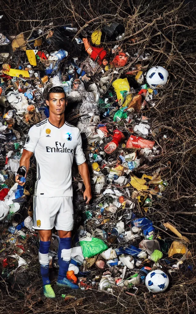 Prompt: cristiano ronaldo soccer player surrounded by trash and injured, nike ball and ambulance light flares, night earth crust, trail cam, realistic photography paleoart, masterpiece album cover