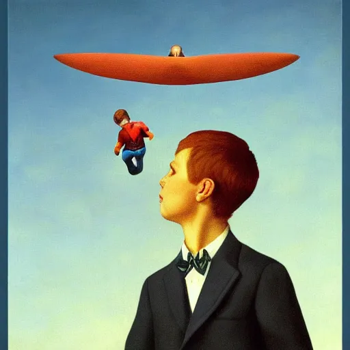 Image similar to boy-wonder proves to the science journal that he can fly by Raphael, Hopper, and Rene Magritte. detailed, romantic, enchanting, trending on artstation.