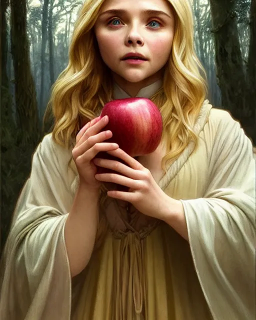 Image similar to young mage chloe grace moretz holing an apple, blonde hair, forest, heavy cloak and chemise, ultra realistic, intricate, elegant, highly detailed, digital painting, artstaion, smooth, sharp, focus, illustration, art by artgerm and greg rutkowski and alphonse mucha