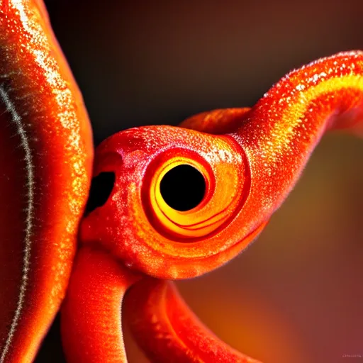 Image similar to fiery whimsical emotional eyes cephalopod, in a photorealistic macro photograph with shallow dof