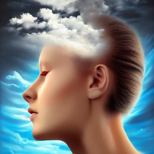 Image similar to a woman's head with clouds in the background, an airbrush painting by igor morski, behance contest winner, fantasy art, daz 3 d, behance hd, airbrush art