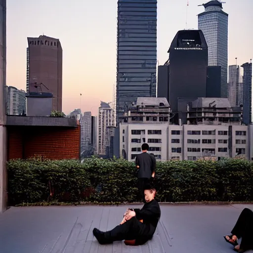 Image similar to a small rooftop with a couple of people sitting and watching the view, wearing black modern clothes, modern shanghai bund is on the background, sunset, by gregory crewdson