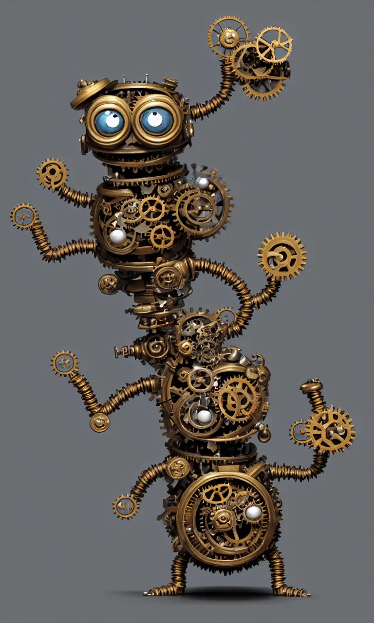 Prompt: a tiny cute steampunk monster with cogs and screws and big eyes smiling and waving, back view, isometric 3d, ultra hd, character design by Mark Ryden and Pixar and Hayao Miyazaki, unreal 5, DAZ, hyperrealistic, Cycles4D render, Arnold render, Blender Render, cosplay, RPG portrait, dynamic lighting, intricate detail, summer vibrancy, cinematic, centered, focused, sharp