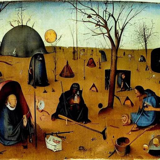 Image similar to homeless alchemist camp in the australian bush, hieronymus bosch