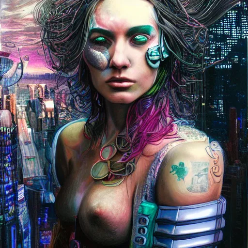 Image similar to a hyperrealistic portrait painting of a beautiful female cyberpunk warrior, by alan moore, highly detailed,