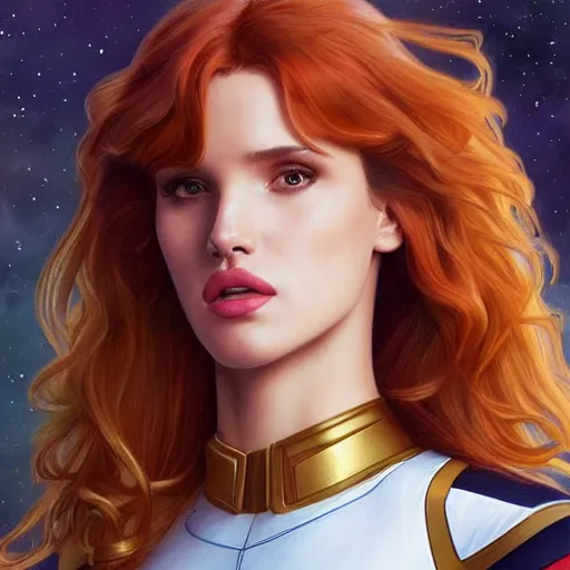 Image similar to ultra realistic illustration, bella thorne as captain wearing star trek uniform, intricate, elegant, highly detailed, digital painting, artstation, concept art, smooth, sharp focus, illustration, art by artgerm and greg rutkowski and alphonse mucha