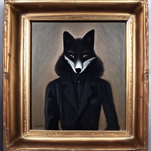 Image similar to portrait of a male anthro anthropomorphic black fox furry fursona with hands on eyes, wearing a suit, 1 9 7 0 s oil on canvas painting, by famous artist jylon denja