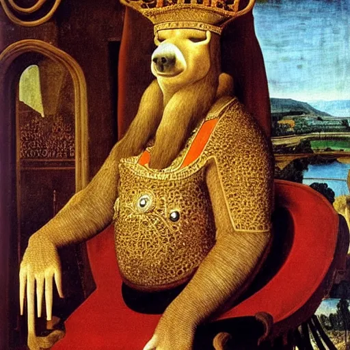 Prompt: A portrait of a humanoid capybara depicted as a medieval king on a throne, renaissance oil painting by Salvador Dali