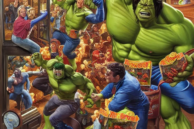 Prompt: the hulk working at burger king, oil on canvas, intricate, full scene, 8 k highly professionally detailed, hdr, joe jusko