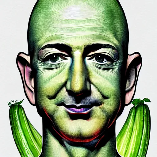 Prompt: jeff bezos face and upper head morphed into a salad cucumber, colored ink, moebius illustration art, key art